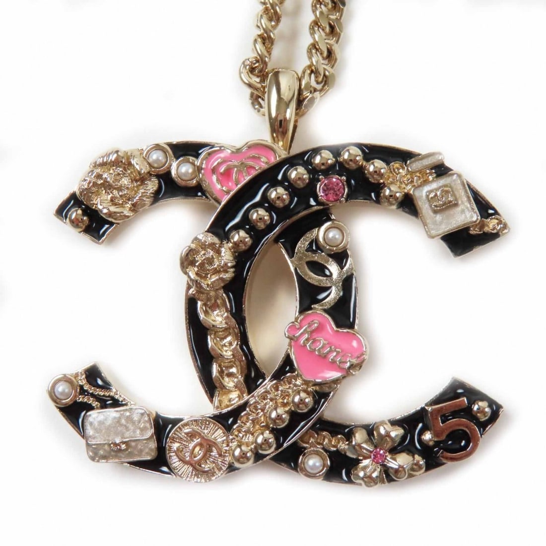 CHANEL B24P ABD325 Camellia Perfume Bag Icon Design Large Coco Mark Necklace Black Gold Pink Box (1 of 10)
