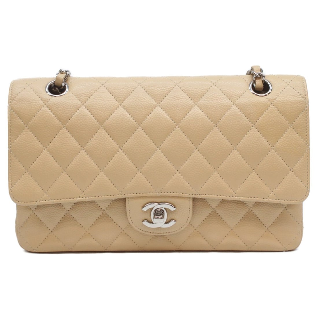 CHANEL A01112 Beige Caviar Leather Silver Hardware Double Flap Matelassé 25 Shoulder Bag Women's (1 of 18)