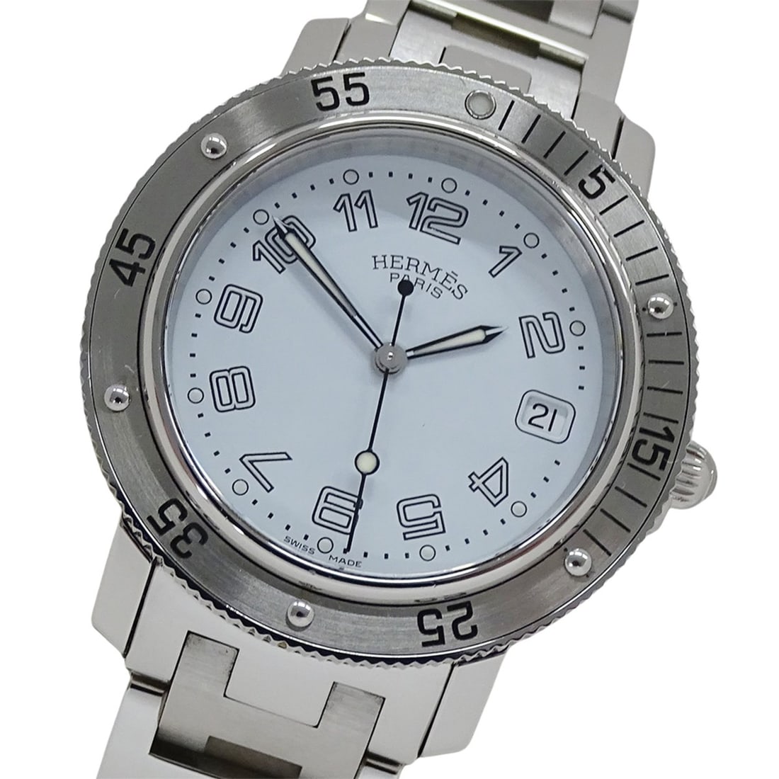 Hermes HERMES Men's Watch Brand Clipper Diver Date Quartz QZ Stainless Steel SS CL7.710 Silver White (1 of 13)