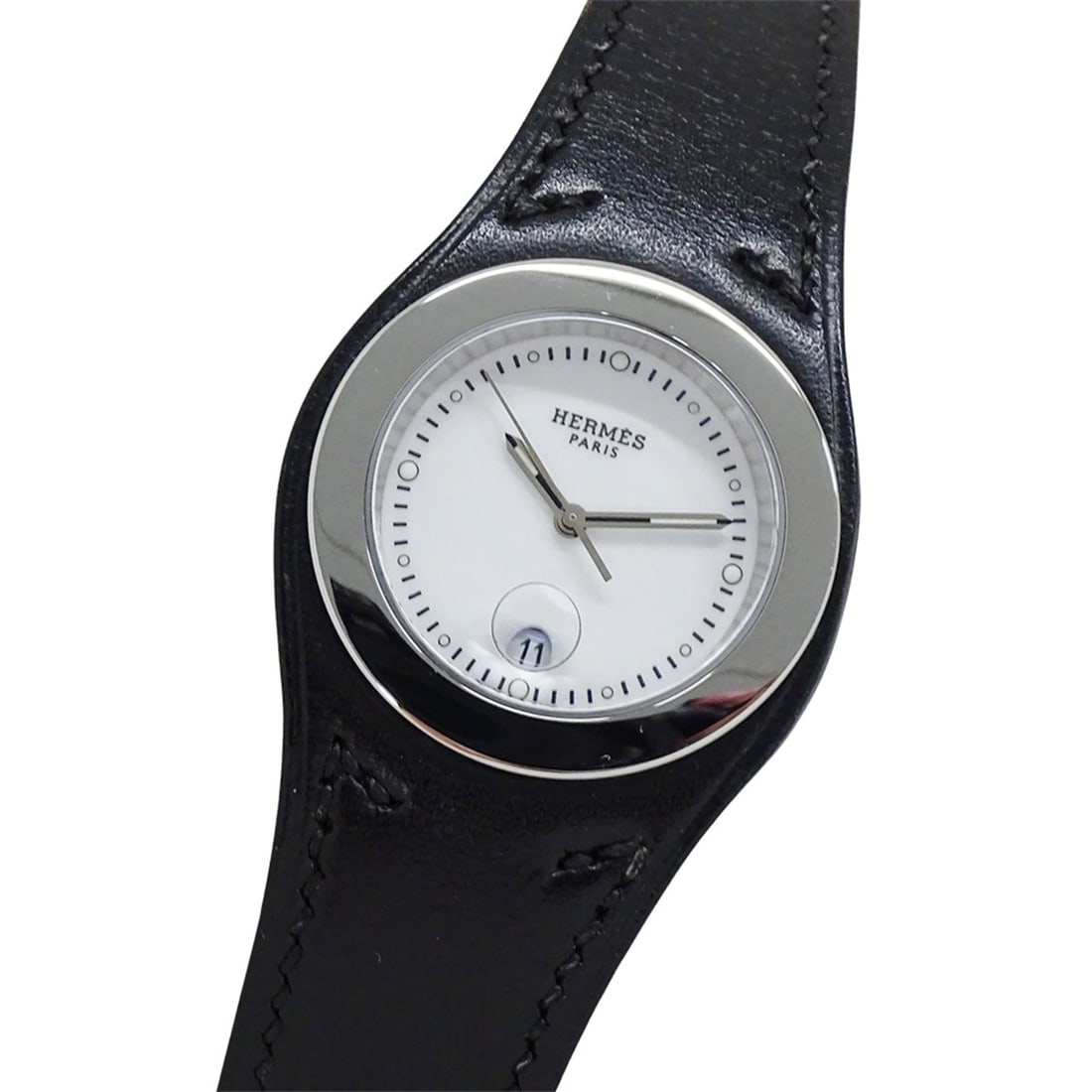 Hermes HERMES Women's Watch Brand Arce Date Quartz QZ Stainless Steel SS Leather HA3.410 White Black (1 of 15)