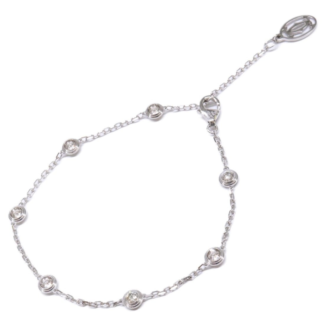 Cartier 750WG Damour 7P Diamond Bracelet White Gold Women's: --- Catalog ---Category: SizeWidth: 4mm / 0.15''Weight: 3.4g / 0.11oz.Total Length: 20cm / 7.87''Category: DesignType: Charm braceletColor: White goldStone: DiamondGender: WomenMaterial: White gold (1