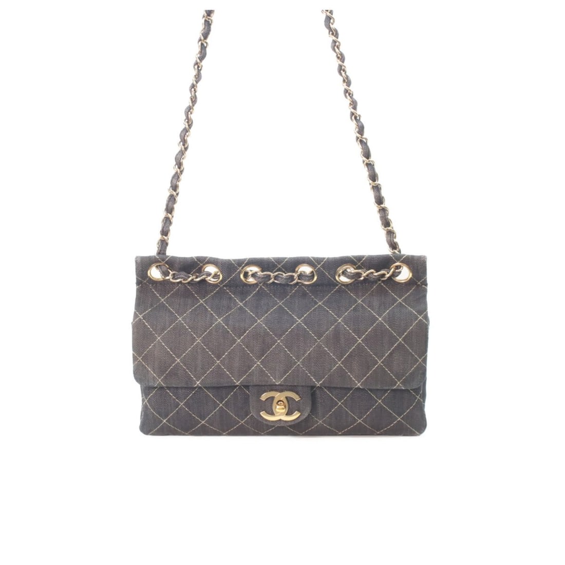 CHANEL Indigo Sparkling Denim Gold Hardware Matelassé Double Chain Shoulder Bag for Women (1 of 15)