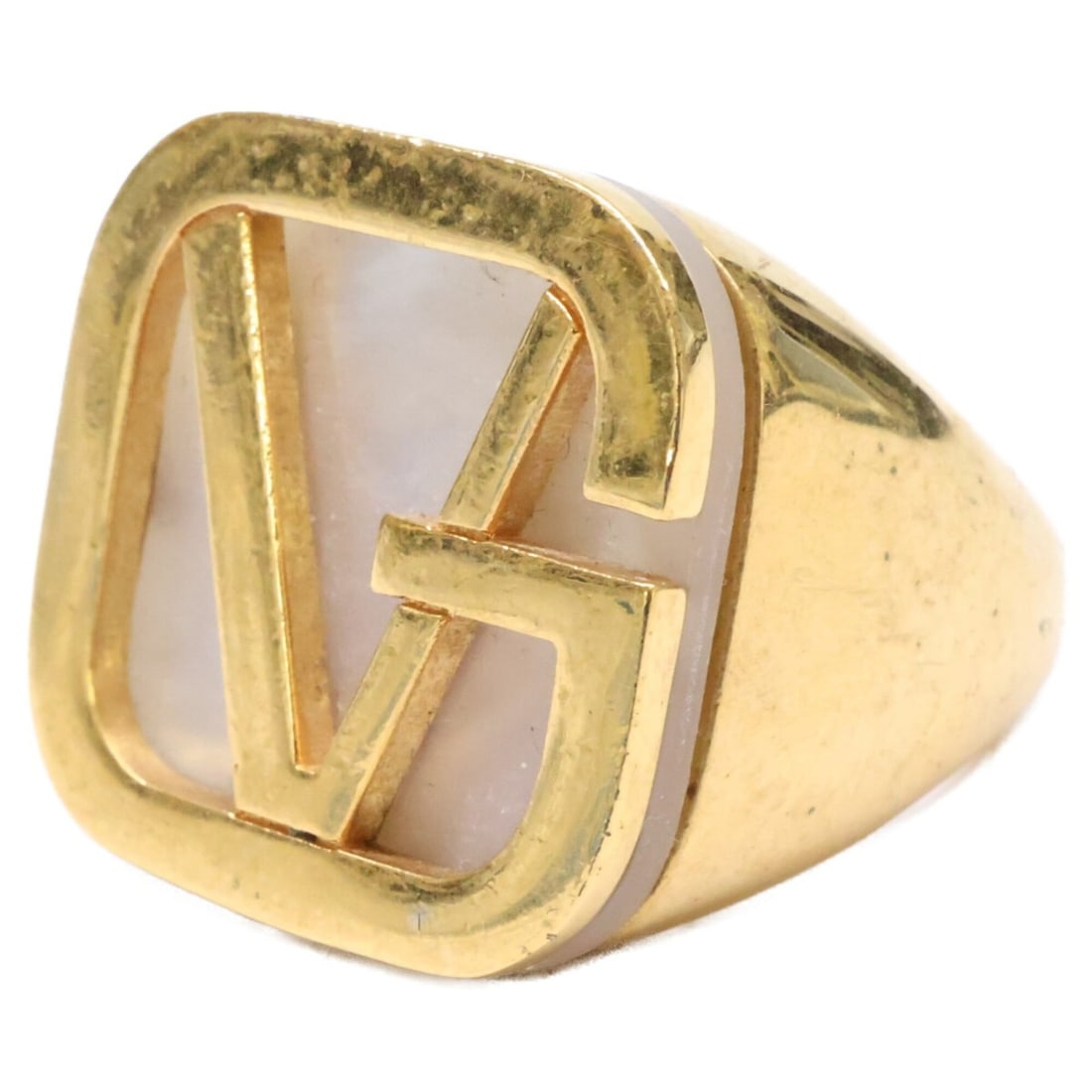 Versace GV Logo Mother-of-Pearl Ring, Size 15, Gold Color, Men's (1 of 12)