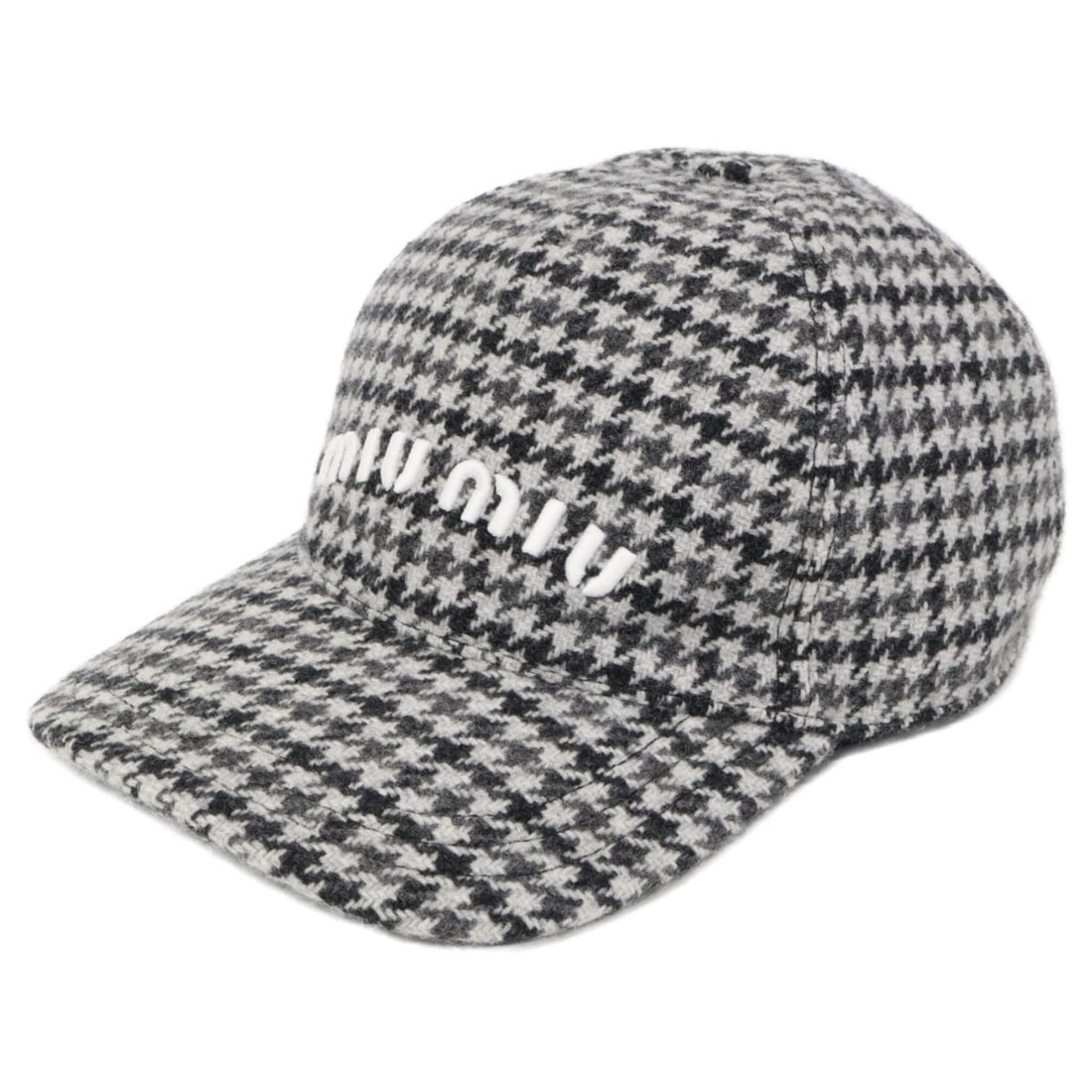 Miu Miu MIU 5HC179 2F87 Virgin Wool Houndstooth Logo Embroidered Baseball Cap, Size M, Gray, Women's (1 of 16)