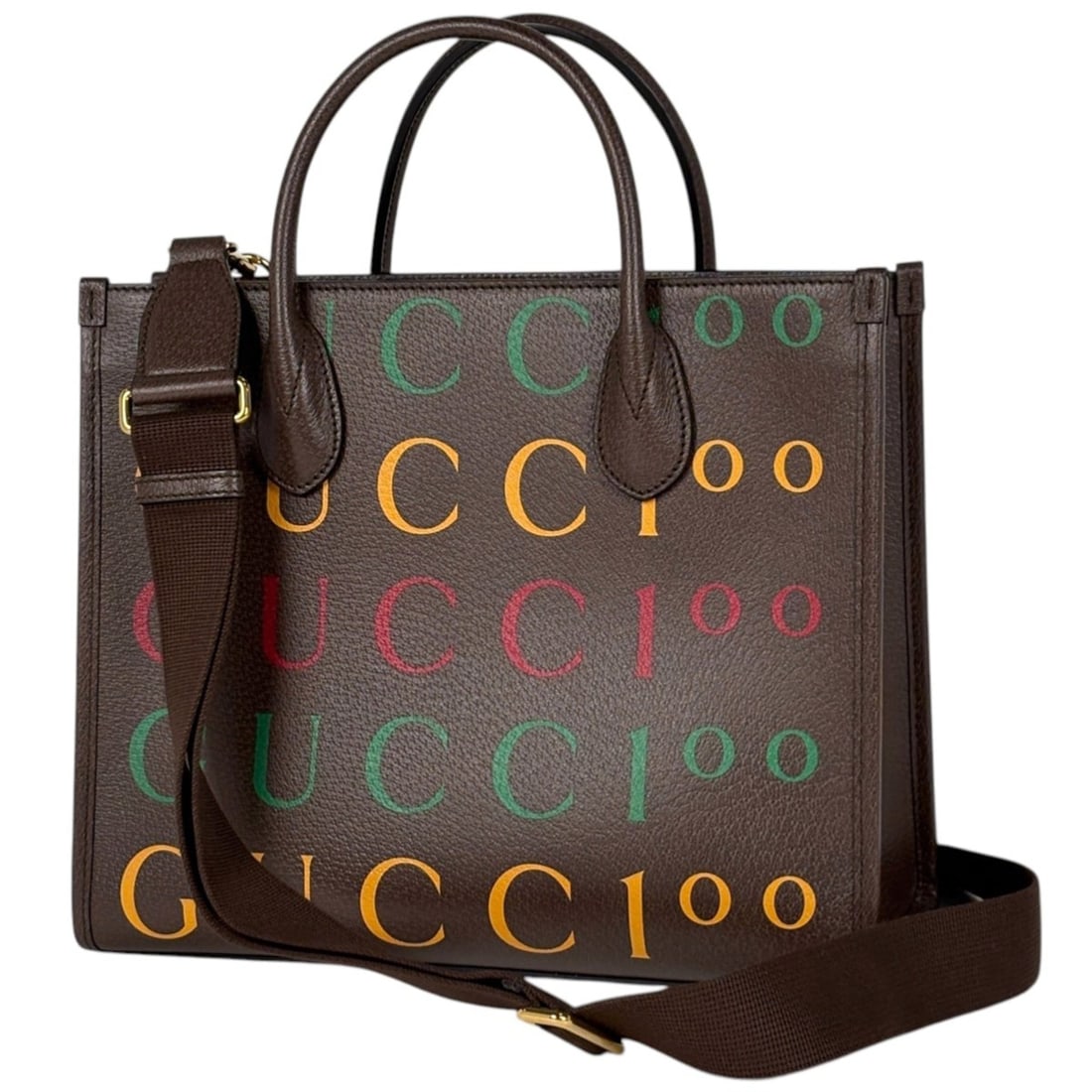 Gucci logo tote bag, 2-way shoulder 100th anniversary edition, leather, brown, 680956, women's. (1 of 13)