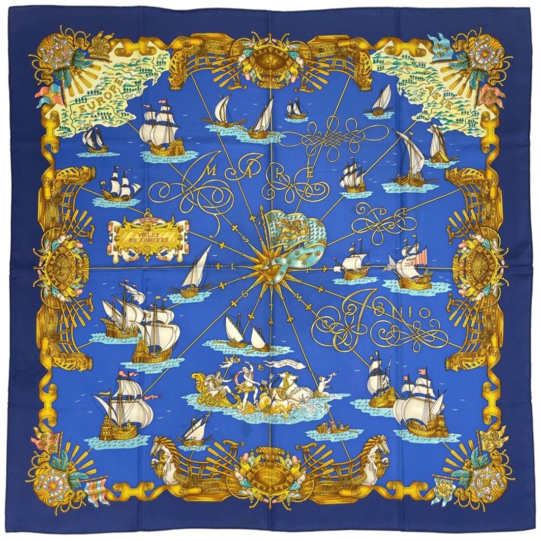 Hermes Carre 90 VOILES DE LUM (Sailboats of Light) Horse Scarf/Muffler, Silk, Blue Multicolor, (1 of 14)