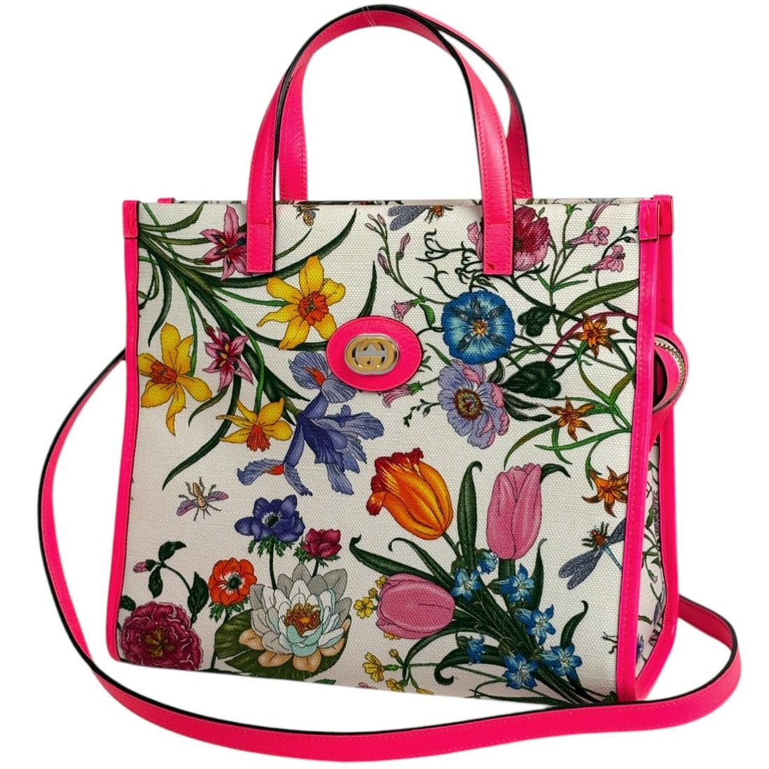 Gucci Flora Handbag, 2-Way Shoulder Bag, Floral Print, Canvas, Pink, Multicolor, 550141, Women's (1 of 12)