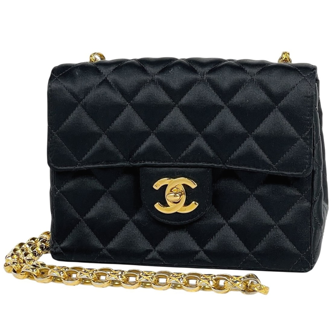 Chanel Coco Mark Chain Shoulder Bag Mini Matelassé Satin Black Women's (1 of 14)