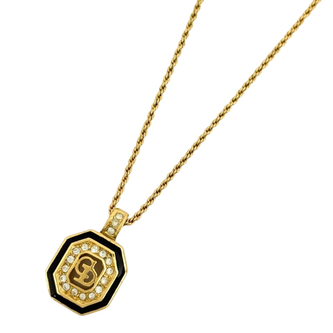 Christian Dior Logo Rhinestone Necklace CD GP Gold Black Women's (1 of 20)