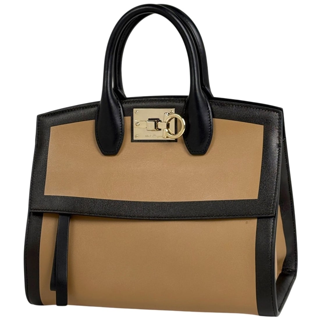 Salvatore Ferragamo Studio Gancini Handbag, Leather, Beige/Black, H938, Women's (1 of 11)