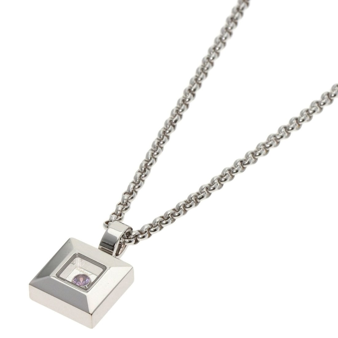 Chopard Happy Diamonds Pink Sapphire Necklace 18K White Gold Women's: --- Catalog ---Category: SizePendant Size: 15.8mm x 10.1mm / 0.62'' x 0.39''Neck Circumference: 42 cm / 16.53''Category: DesignColor: White goldStone: Diamond, SapphireGender: WomenMaterial: White