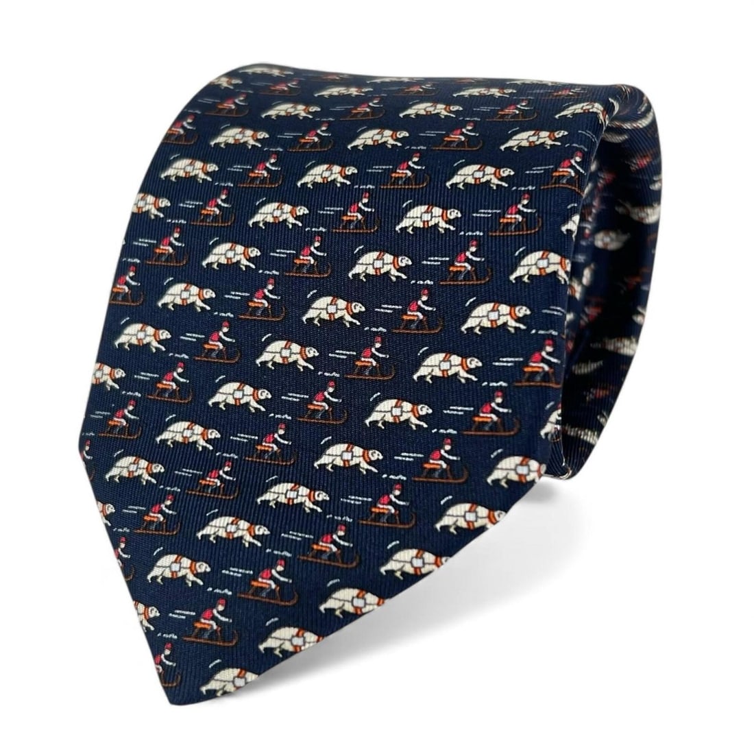 HERMES 5658 EA 100% Silk Polar Bear and Sleigh Pattern Tie, Navy Blue, with Box, Made in France, (1 of 9)