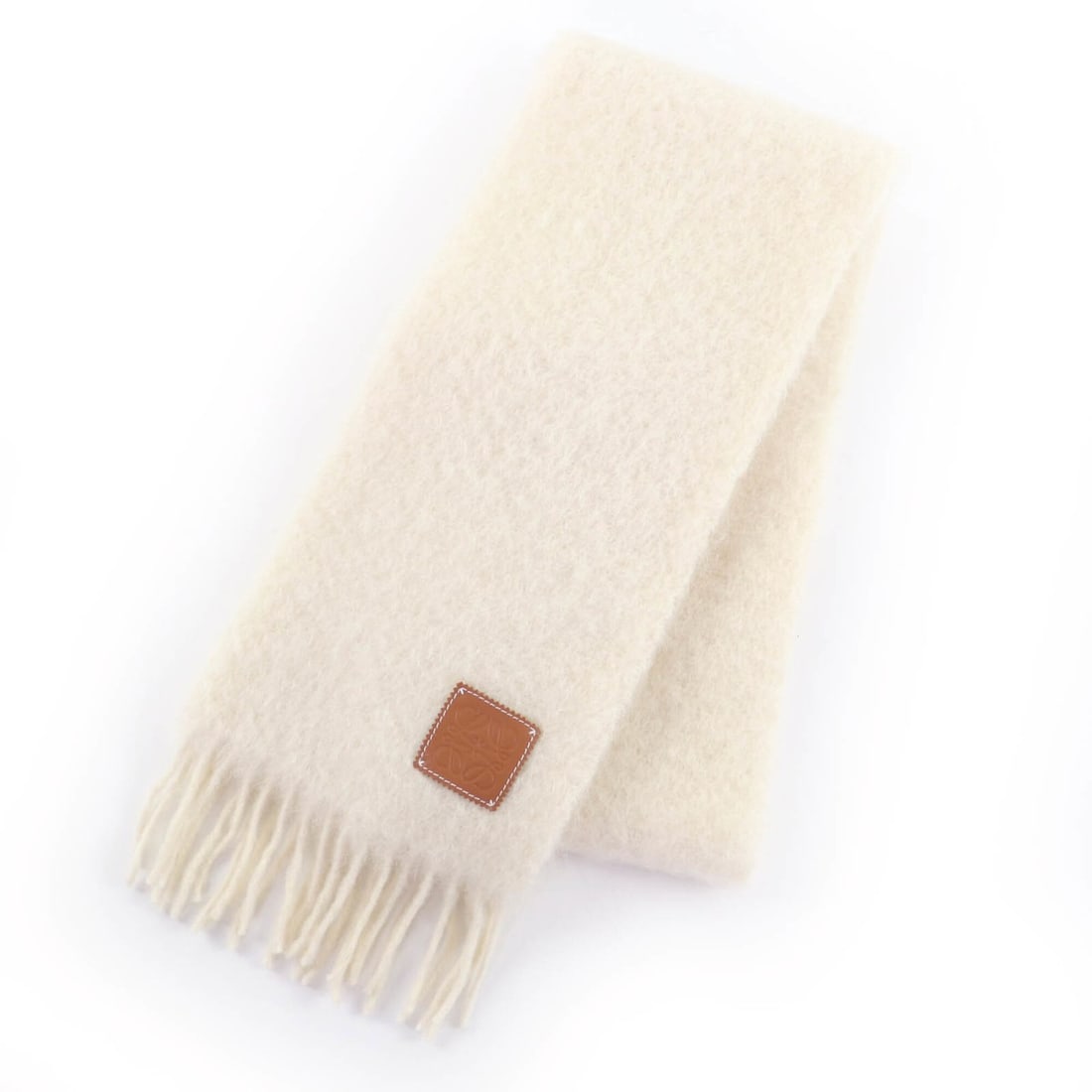 LOEWE A-28003861 Mohair and Wool Blend Scarf with Leather Anagram Patch Fringe, Ivory, Made in (1 of 14)