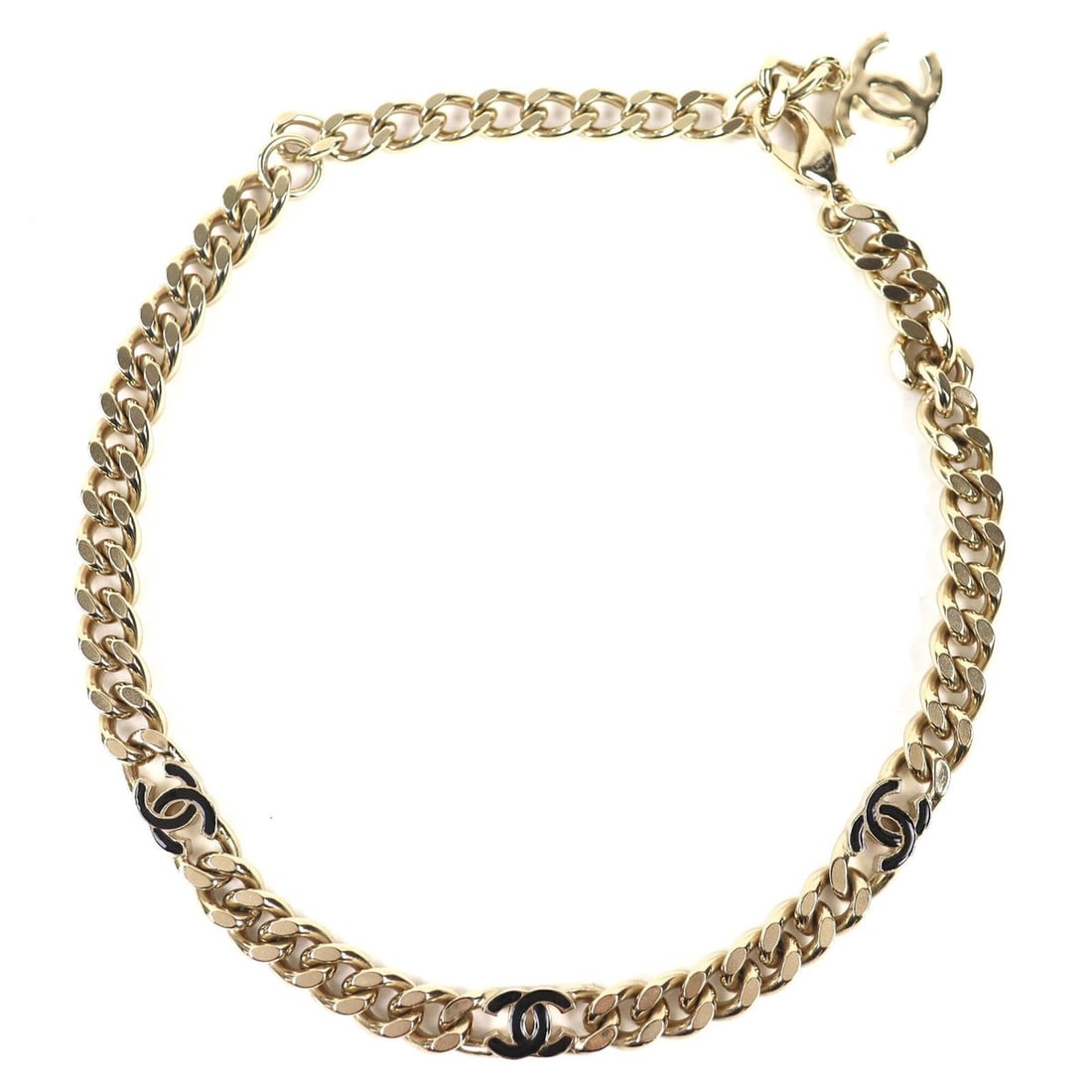 CHANEL B22S AB8298 Triple Coco Mark Cuban Link Chain Necklace Choker - Gold & Black Made in Italy (1 of 10)