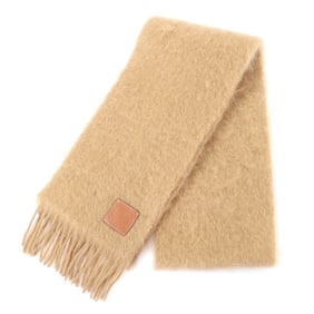 LOEWE 28003861 Mohair and Wool Blend Scarf with Anagram Leather Patch, Fringe, Brown, Made in Spain,