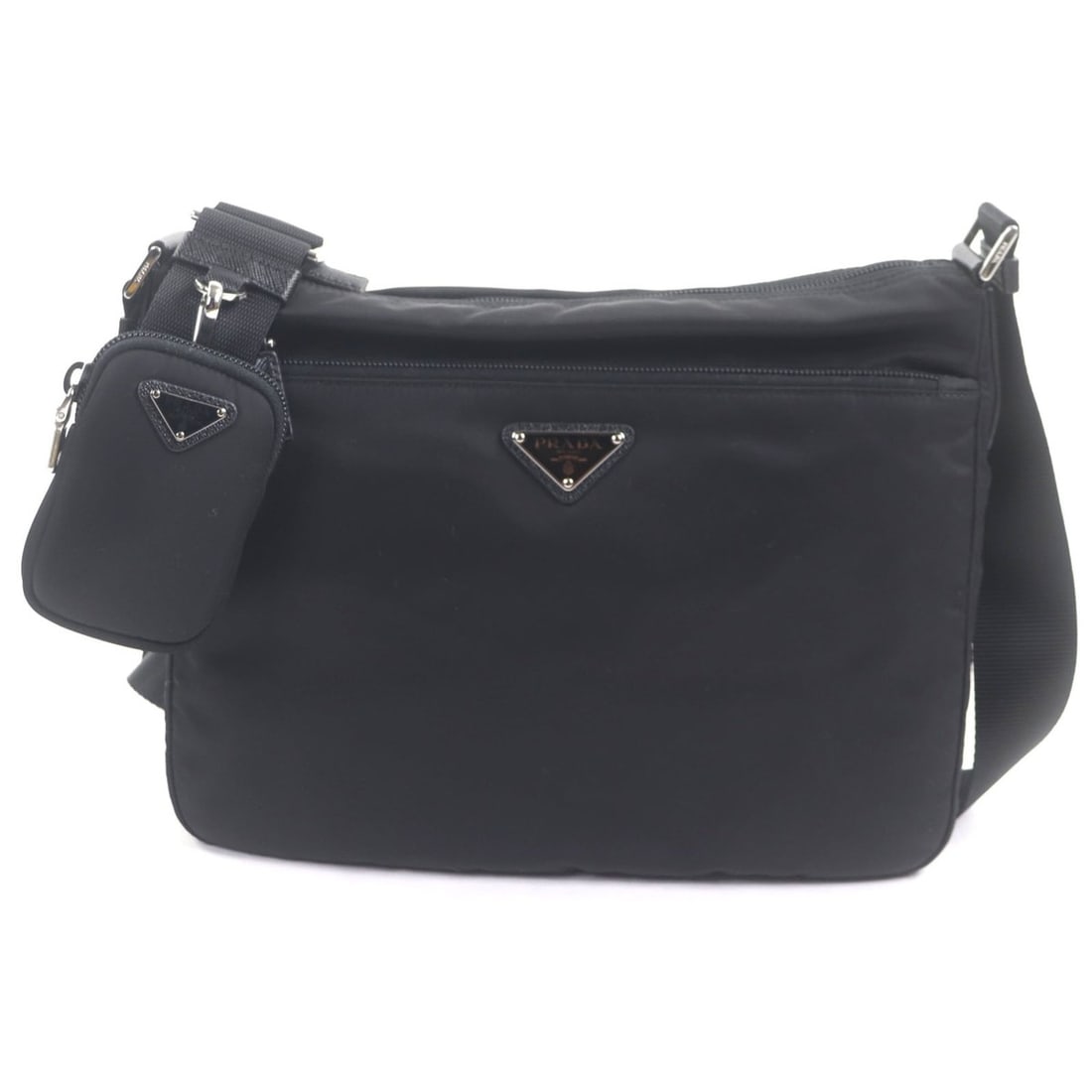 PRADA 1BC421 Nylon Saffiano Leather Re-Nylon Triangle Logo Plate Shoulder Bag with Pouch Black Dust (1 of 17)