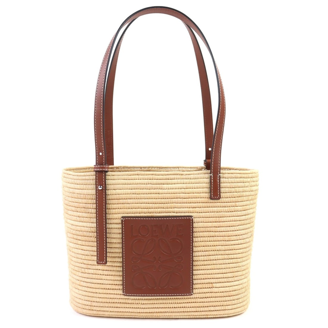 LOEWE A223099X02 Square Basket Bag, Small, Raffia and Leather Trim, Anagram Logo, Tote Natural (1 of 15)