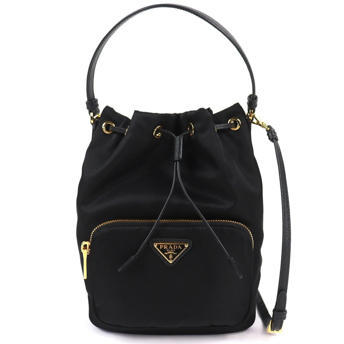 PRADA 1BH038 Duet Triangle Logo Re-Nylon Bucket Bag Drawstring Shoulder Black Gold Hardware with (1 of 15)