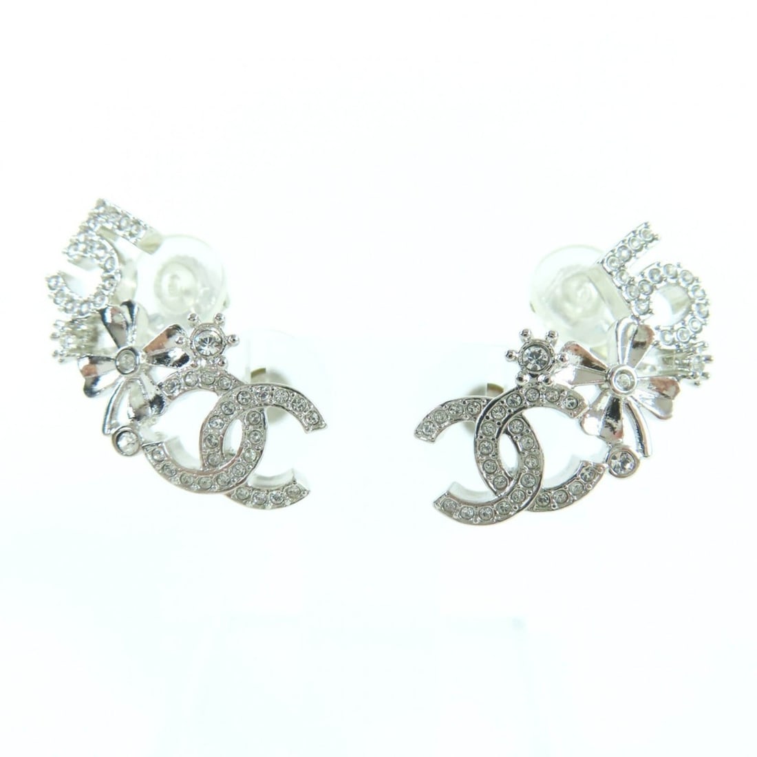 CHANEL B23P Coco Mark Clover No. 5 Rhinestone Earrings, Silver, Made in Italy, Women's (1 of 13)