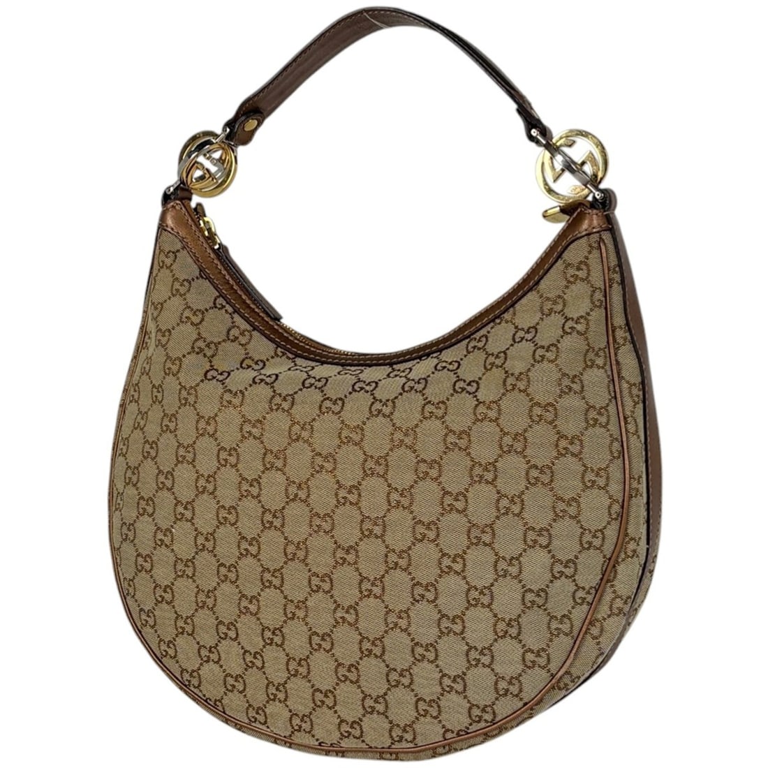Gucci GG pattern shoulder bag, one-shoulder handbag, interlocking G canvas, beige, metallic brown, (1 of 17)