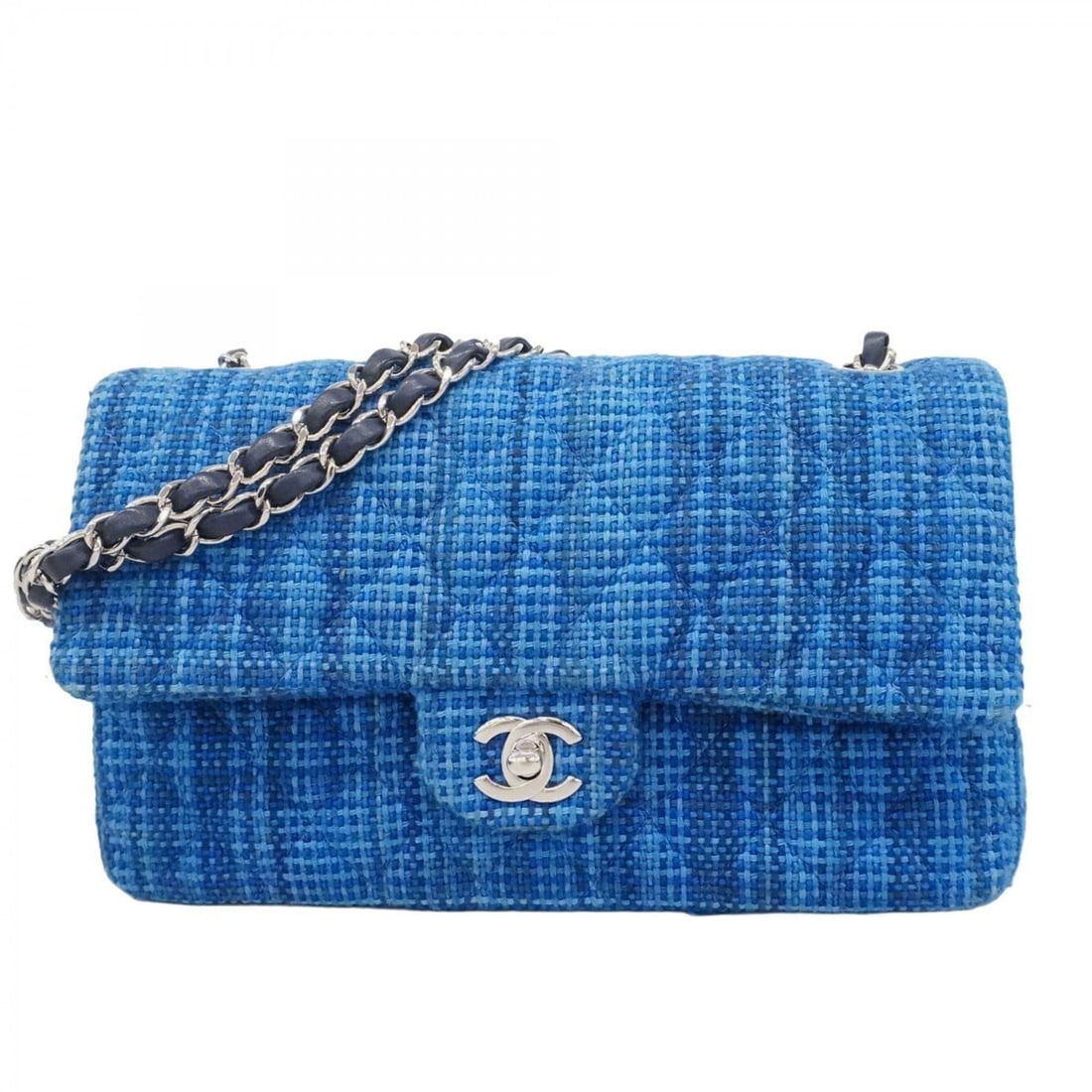 Chanel Shoulder Bag Matelasse Double Flap Chain Tweed Blue Women's (1 of 17)