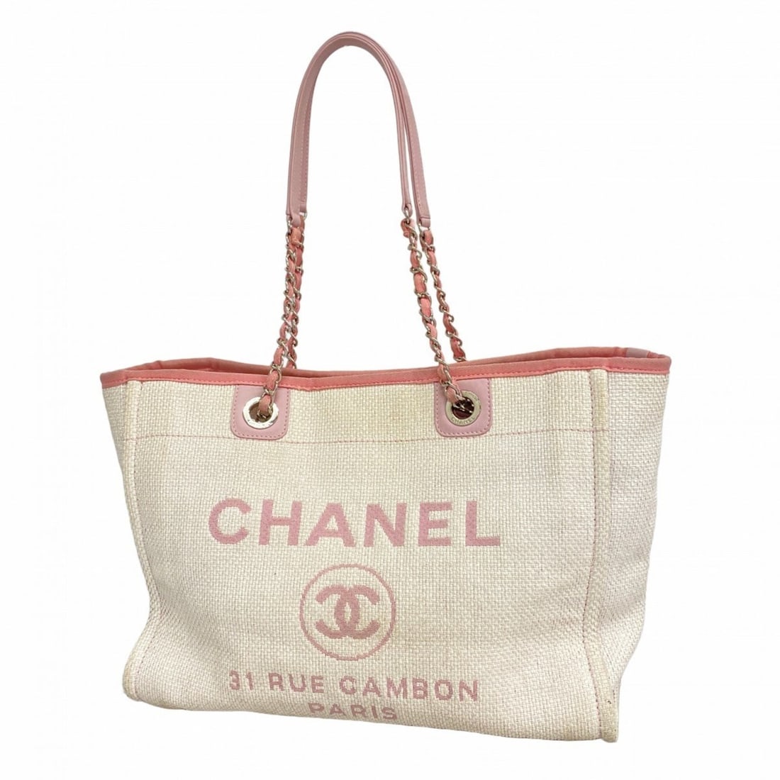 Chanel Deauville Raffia Chain Tote Bag (White/Pink) - Women's: --- Catalog ---Category: SizeSize (HxWxD): 26cm x 34cm x 14cm / 10.23'' x 13.38'' x 5.51''Category: DesignType: Tote bagColor: Pink, WhiteGender: WomenMaterial: Raffia Hardware Color: SilverCategory: