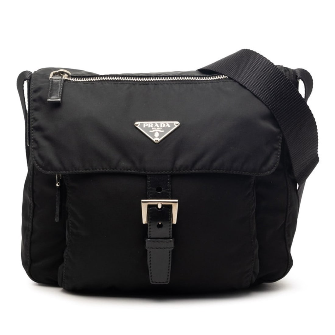 Prada Triangle Logo Plate Crossbody Shoulder Bag, Black Nylon Leather, Women's PRADA (1 of 14)