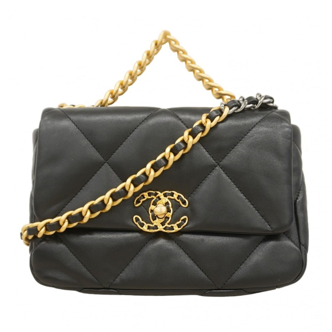Chanel handbag, chain shoulder bag, 19, lambskin, black and gold, 2-way bag for women (1 of 9)