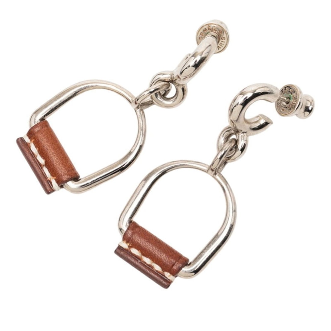 Hermes Heritage Equestre Etrier PM Earrings, Silver and Brown Metal Leather, Women's HERMES (1 of 19)