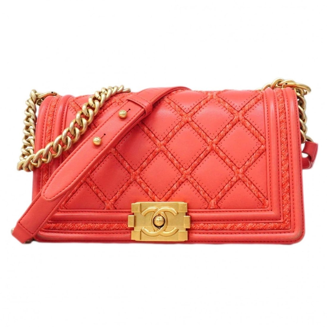 Chanel Boy Chain Shoulder Bag, Lambskin Tweed, Salmon Pink, Women's (1 of 14)