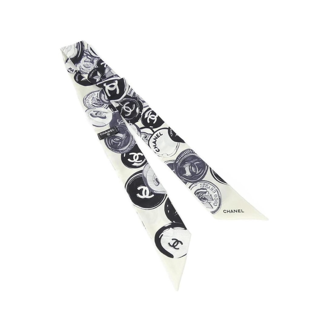 Chanel AA8343 Hairband: --- Catalog ---Category: SizeSize (LxW): 1.2m x 6cm / 47.24'' x 2.36''Category: DesignType: ScarfColor: Black, Gray, WhiteGender: WomenMaterial: Silk Category: GeneralBrand: Chanel--- Item List