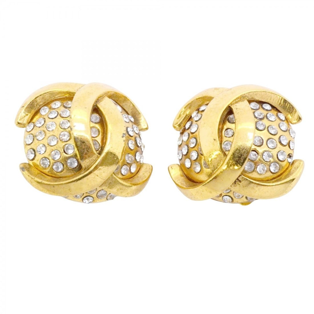 Chanel Earrings, Coco Mark Circle, GP Plated, Rhinestone, Gold, Women's (1 of 20)