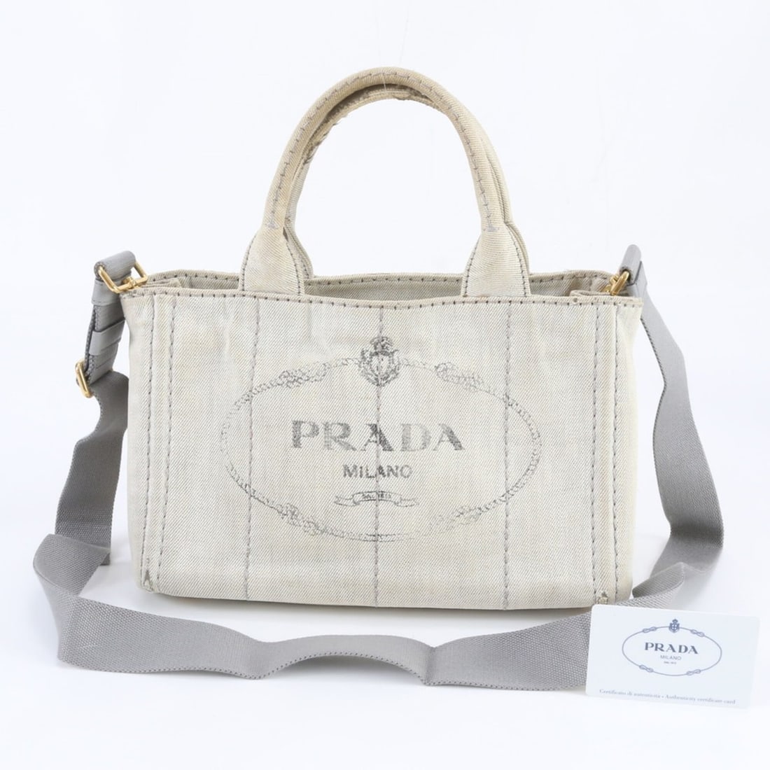 Prada Canapa B2439G Leather Canvas 2-Way Shoulder Bag/Crossbody Tote Bag with Guarantee Card - (1 of 12)