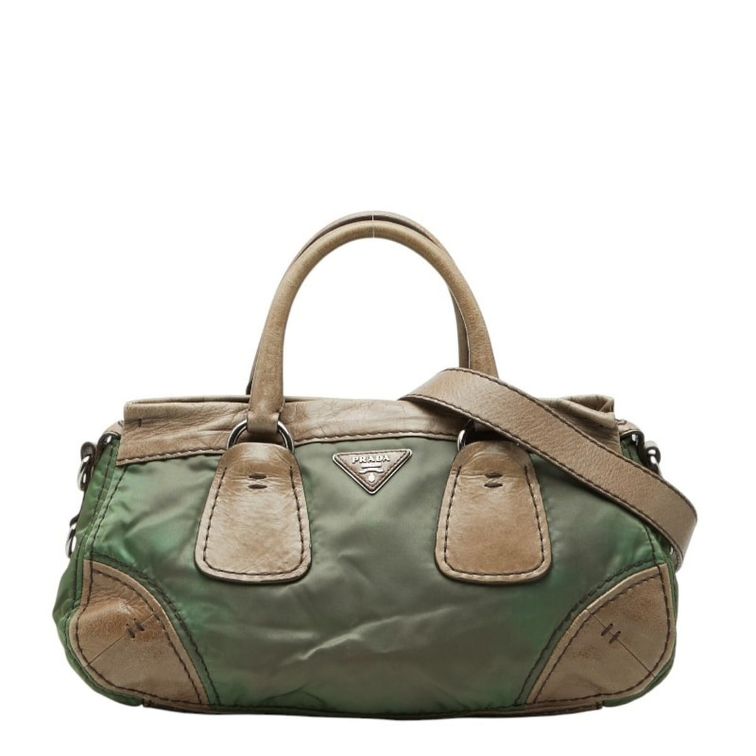 Prada Triangle Logo Plate Handbag/Shoulder Bag 2-Way Khaki Green Nylon Leather Women's PRADA (1 of 10)