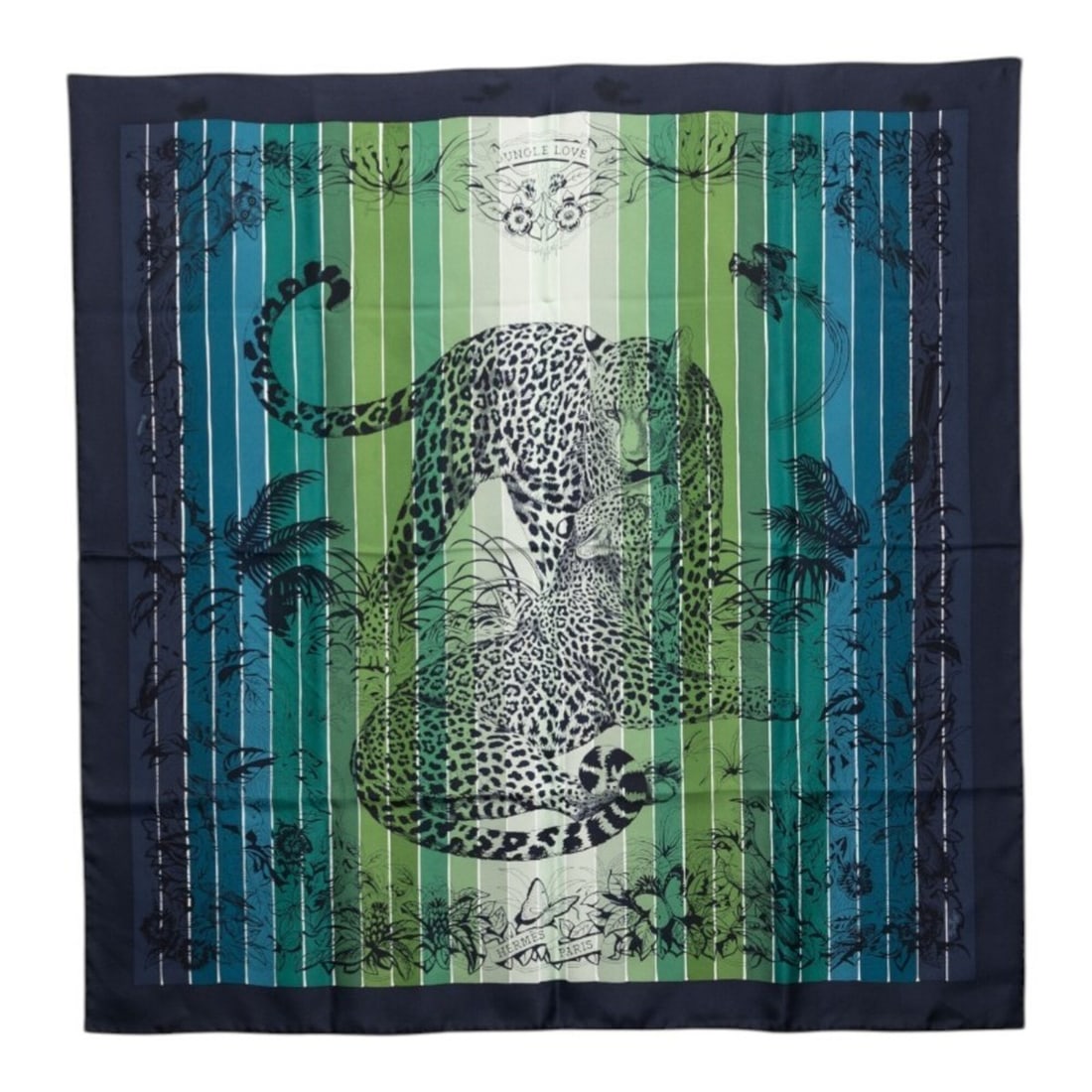 Hermes Carre 90 JUNGLE LOVE Scarf/Muffler, Large Size, Green, Navy, Multicolor, Silk, Women's. (1 of 10)