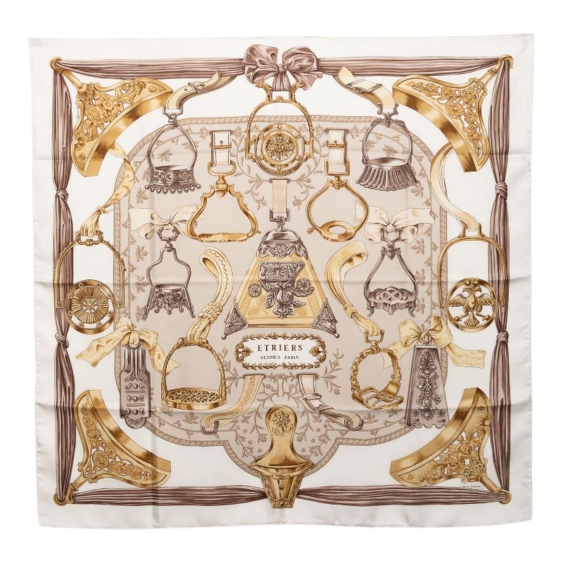 Hermes Carre 90 ETRIERS Stirrup Pattern Equestrian Scarf Muffler Large Size Beige White Multicolor (1 of 12)