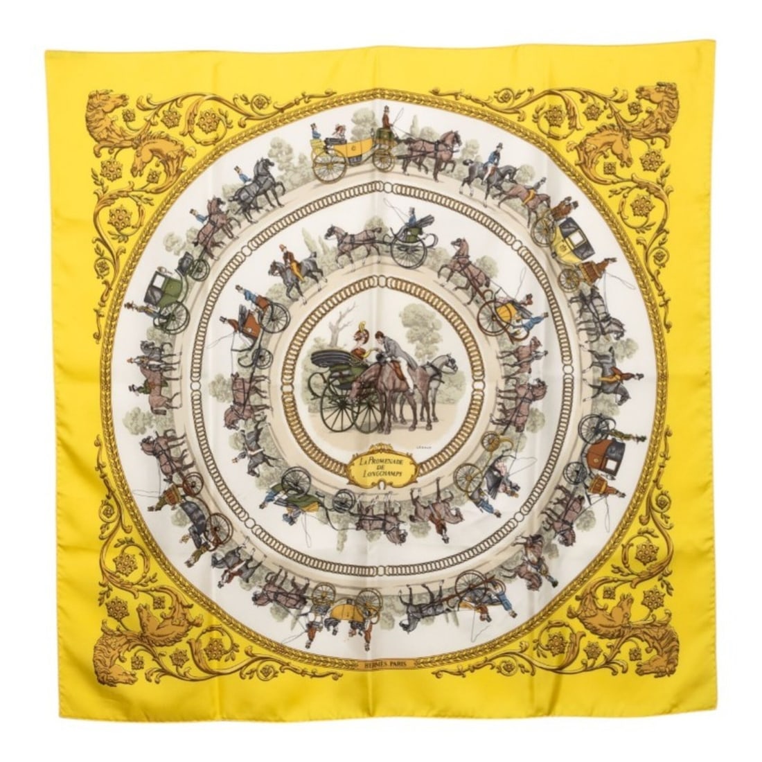 Hermes Carre 90 La Promenade de Longchamps (A Walk to Longchamp) Scarf/Muffler, Yellow Multicolor (1 of 11)