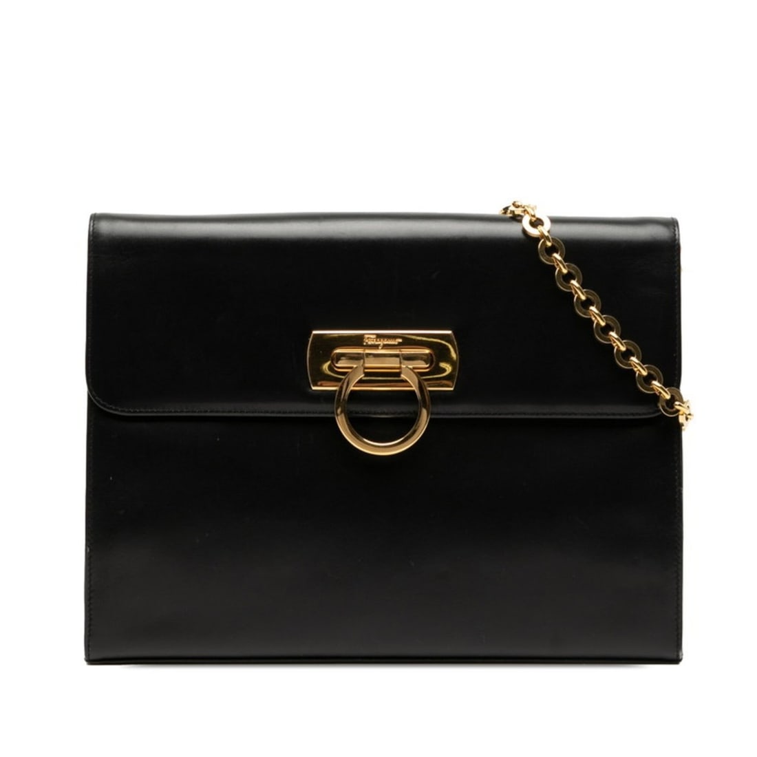 Salvatore Ferragamo Gancini Chain Shoulder Bag, Black and Gold Leather, Women's: --- Catalog ---Category: SizeStrap Drop: 54cm / 21.25''Size (HxWxD): 17cm x 24.5cm x 7.5cm / 6.69'' x 9.64'' x 2.95''Category: DesignType: Shoulder bagColor: BlackGender: WomenMaterial: Leather Hardwa