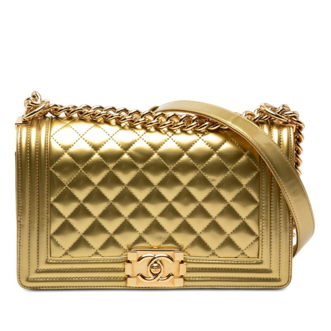 Chanel Matelassé Coco Mark Boy 25 Chain Shoulder Bag Gold Patent Leather Women's CHANEL (1 of 10)