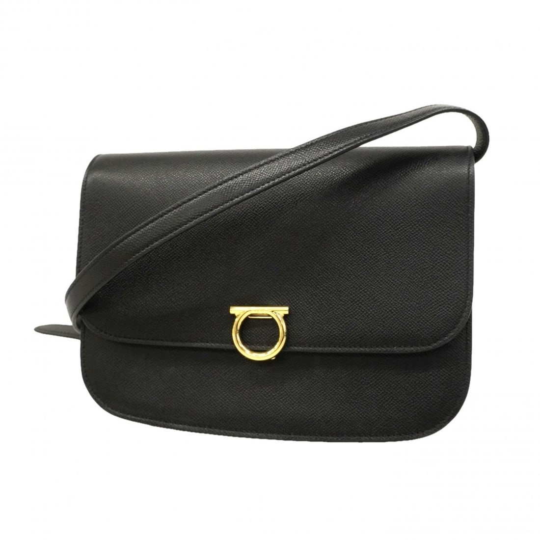 Salvatore Ferragamo Gancini Leather Shoulder Bag, Black/Champagne, Women's: --- Catalog ---Category: SizeSize (HxWxD): 19cm x 25cm x 7.5cm / 7.48'' x 9.84'' x 2.95''Category: DesignType: Shoulder bagColor: BlackGender: WomenMaterial: Leather Hardware Color: Champagne goldCate