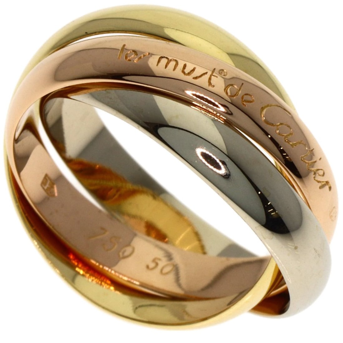 Cartier Trinity #50 Ring, 18K Yellow Gold/18K White Pink Gold, Women's, CARTIER: --- Catalog ---Category: SizeJP Size: 10US Size: 5.5Category: DesignType: Band ringGender: WomenMaterial: Pink gold (18K), White gold (18K), Yellow gold (18K)Category: GeneralBrand: Cartier--- Item