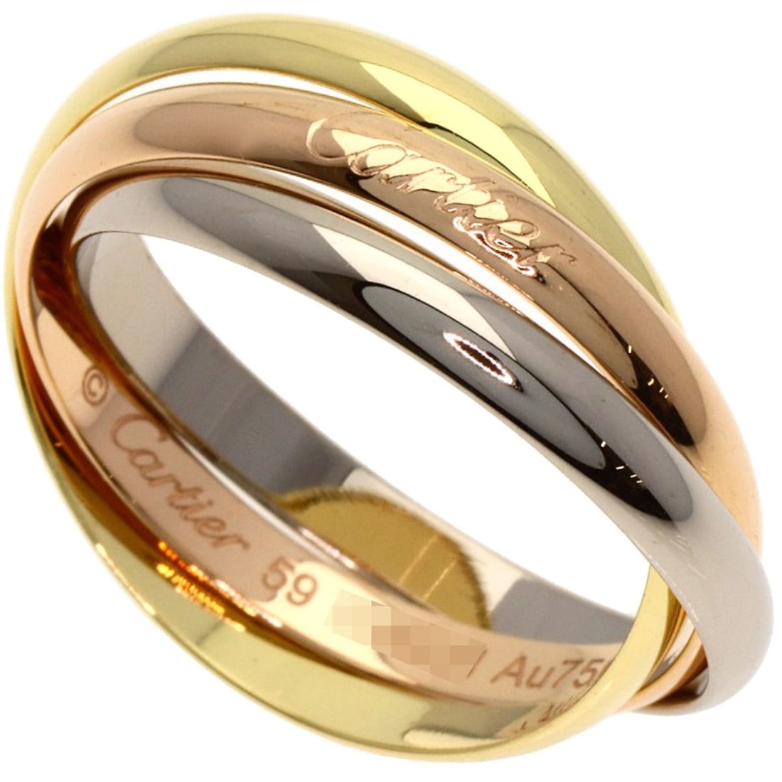 Cartier Trinity SM #59 Current Model Ring 18K Yellow Gold/18K Pink White Gold Women's CARTIER: --- Catalog ---Category: SizeJP Size: 19US Size: 9.5Category: DesignType: Band ringGender: WomenMaterial: Pink gold (18K), White gold (18K), Yellow gold (18K)Category: GeneralBrand: Cartier--- Item