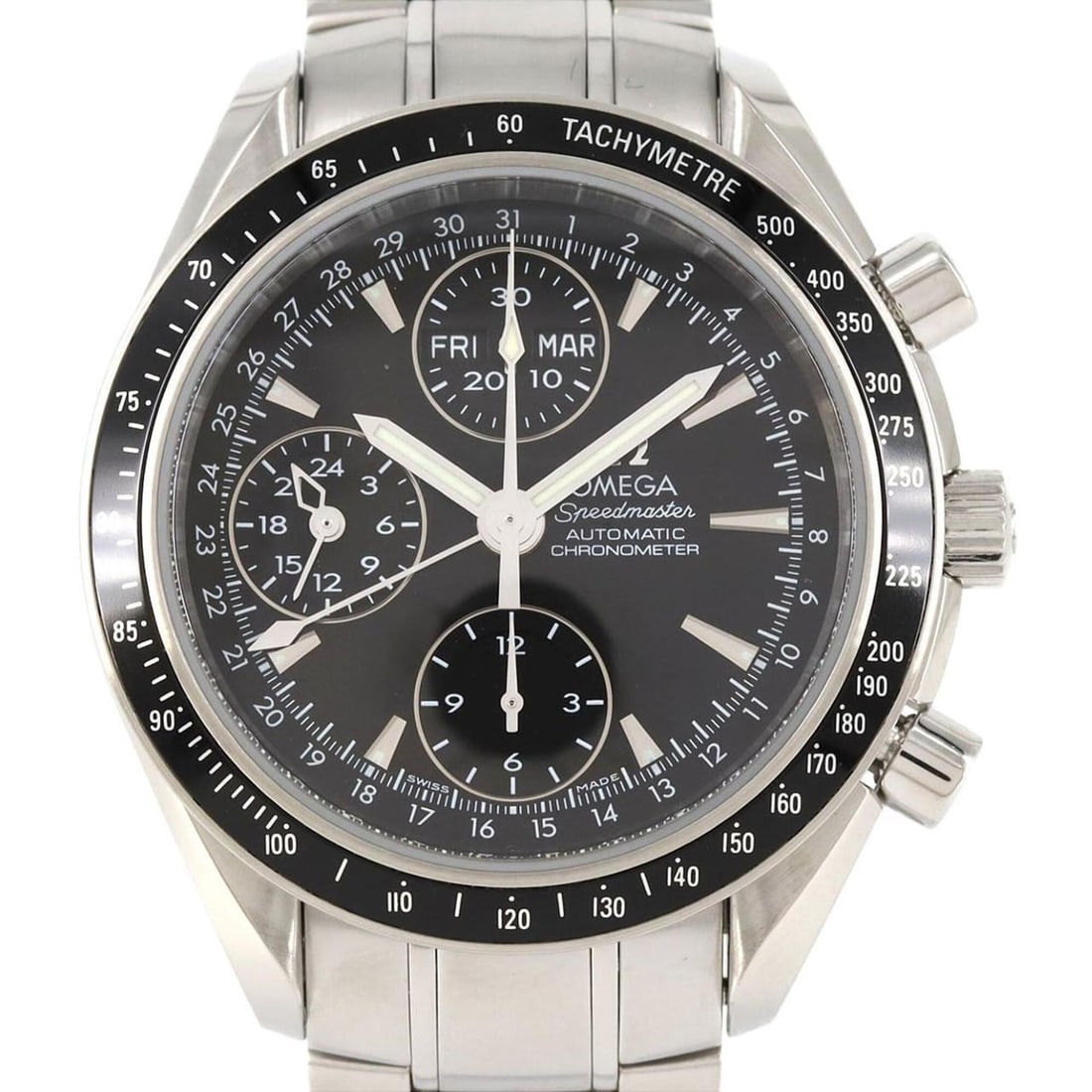 Omega Speedmaster Day-Date 3220.50 Stainless Steel Automatic Watch: --- Catalog ---Category: SizeWrist Size: 19cm / 7.48''Case Diameter: 40mm / 1.57''Category: DesignType: WristwatchGender: MenColor (Dial): BlackMaterial (Band): Stainless steelMaterial (Case):
