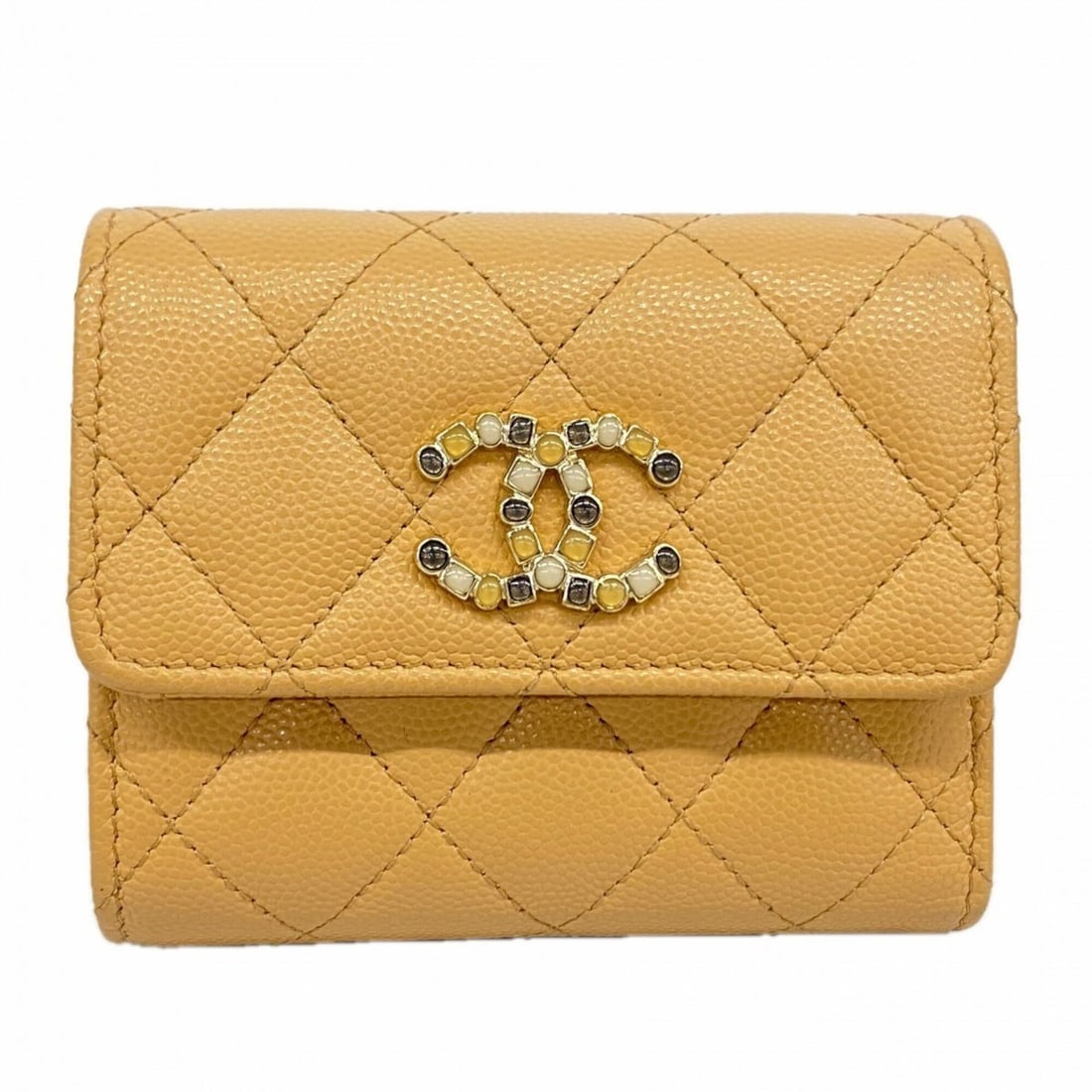 Chanel Tri-fold Wallet, Matelassé Caviar Leather, Beige Champagne, Women's (1 of 10)