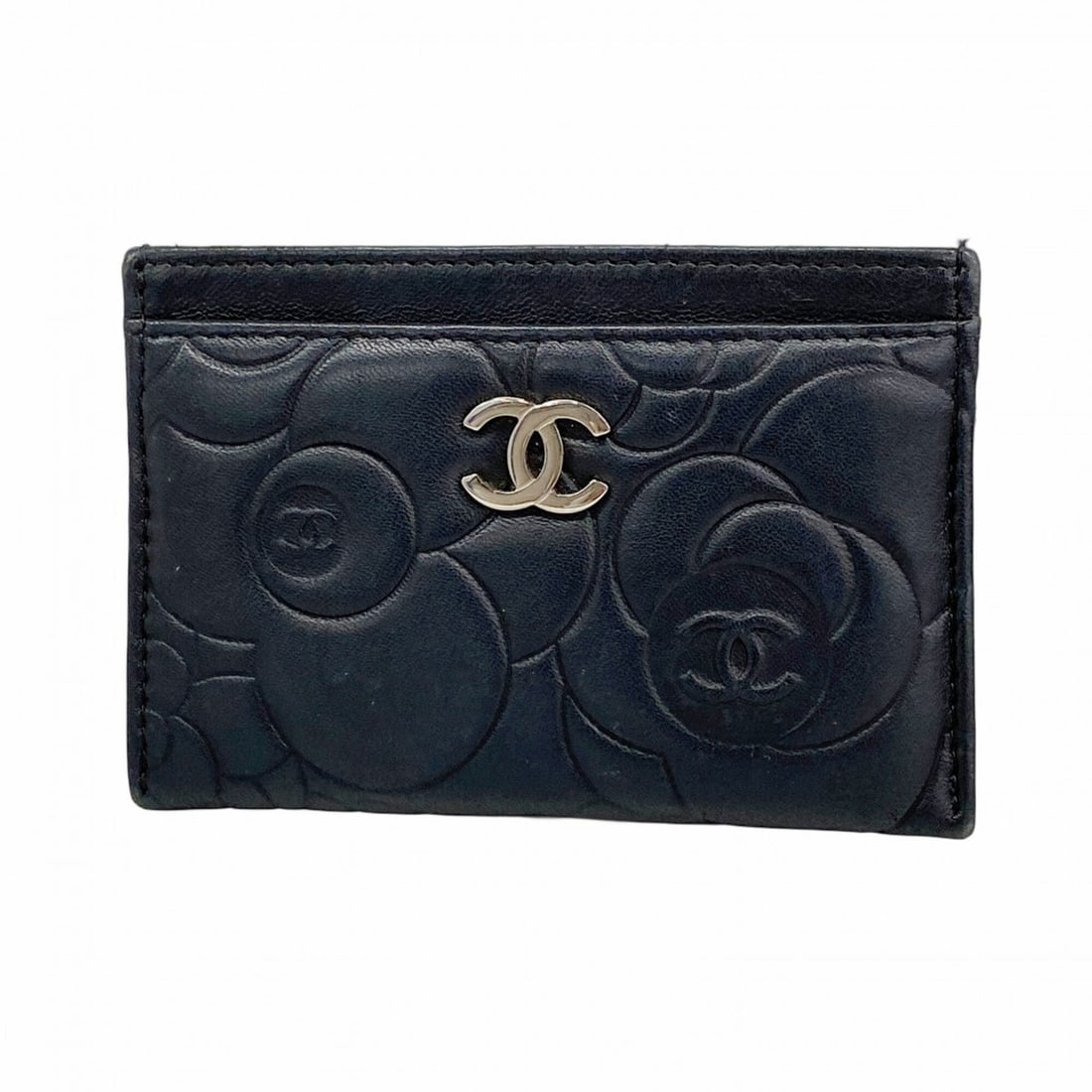 Chanel business card holder/card case, Camellia design, lambskin, black, women's. (1 of 17)