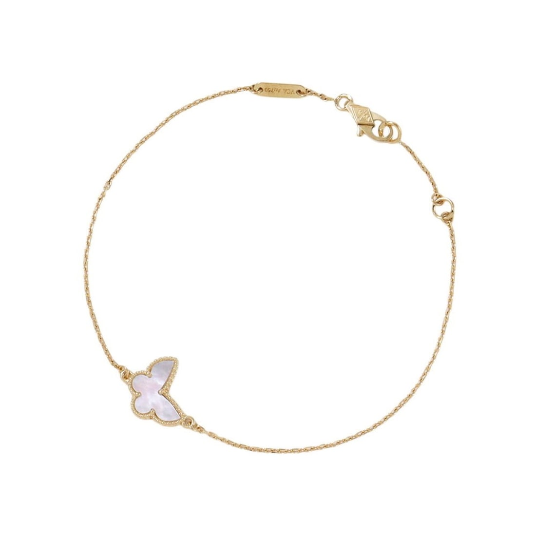 Van Cleef & Arpels Sweet Papillon Bracelet, Mother of Pearl, 18K Yellow Gold (VCARF69000): --- Catalog ---Category: SizeLength: 16cm - 17.5cm / 6.29'' - 6.88''Weight: 1.4g / 0.04oz.Total Length: 18cm / 7.08''Category: DesignType: Charm braceletGender: WomenMaterial: Yellow gold (18K)Categor