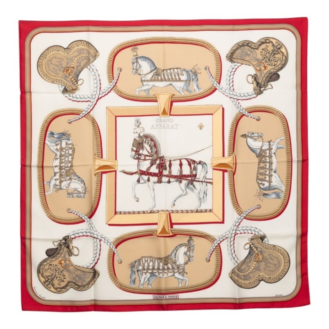 Hermes Carre 90 GRAND APPARAT Horse in Grand Attire Scarf/Muffler, White/Red Silk, Women's HERMES: --- Catalog ---Category: SizeSize (LxW): 87.5cm x 87cm / 34.44'' x 34.25''Category: DesignType: ScarfColor: Red color, WhiteGender: WomenMaterial: Silk Category: GeneralBrand: Hermes--- Item List