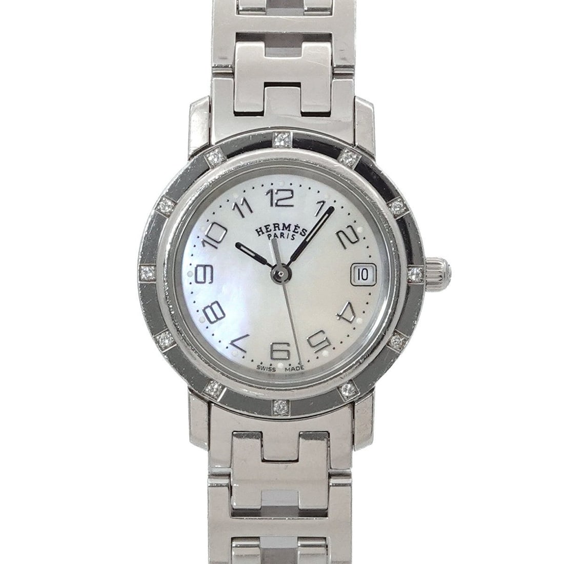 Hermes Clipper Nacre CL4 230 Women's Watch, 12-Diamond Bezel, White Shell, Quartz Watch. (1 of 12)