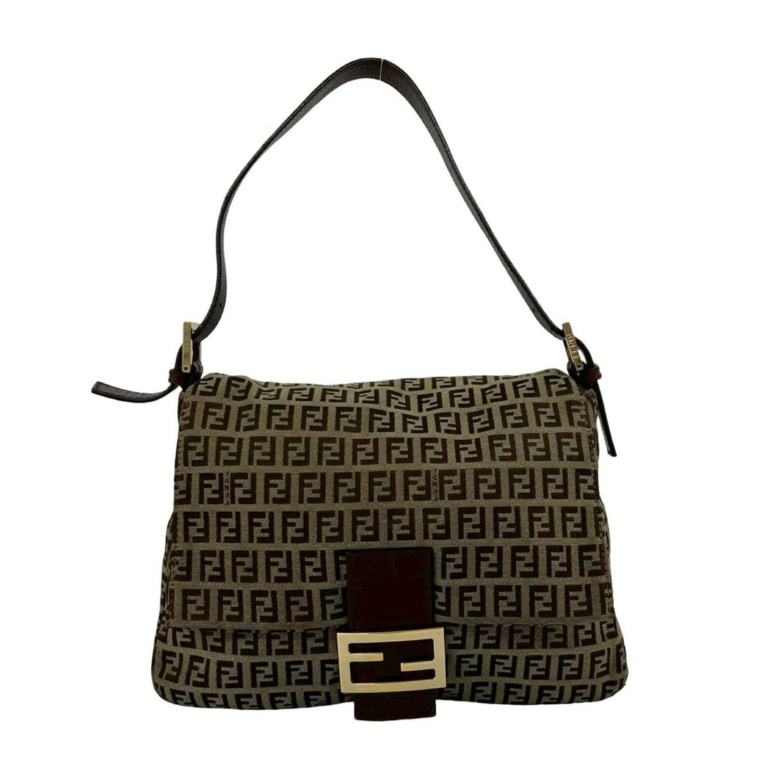 FENDI Zucchino FF Pattern Canvas Leather Semi One Shoulder Bag Brown Khaki 88107 (1 of 20)