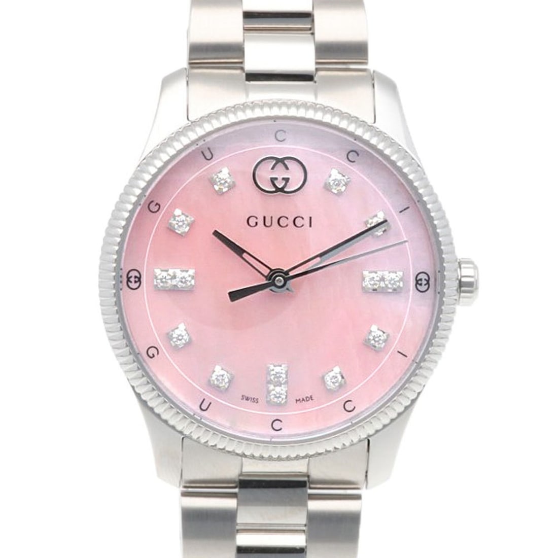 Gucci G-Timeless Watch, Stainless Steel Quartz, Ladies, Pink Shell Diamond: --- Catalog ---Category: SizeWrist Size: 18cm / 7.08''Case Diameter: 28.5mm / 1.12''Category: DesignType: WristwatchGender: Men,WomenColor (Dial): PinkMaterial (Band): Stainless steelMaterial (Case): 